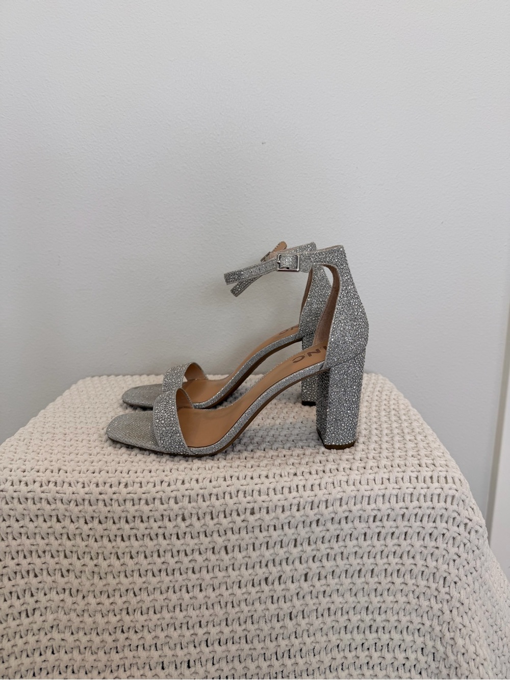 Nordstrom Silver Glitter Block Heel Sandals with Ankle Strap